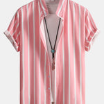 Striped Button Up Stand Collar Shirt & Man Mid Length Drawstring Swim Shorts