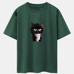 Black Cat Drinking Coffee Print Drop Shoulder Oversize T-Shirt