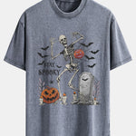 Halloween Skeleton Stay Spooky Print Washed Distressed Drop Shoulder T-Shirt