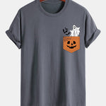 Regular Fit Pocket Pumpkin Ghost Print Cotton T-Shirt