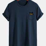 Regular Fit Pocket Black Cat Print Cotton T-Shirt