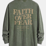 Faith Over Fear Print Relax Fit Long Sleeve Washed Distressed T-Shirt