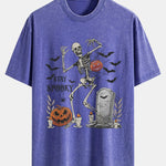 Halloween Skeleton Stay Spooky Print Washed Distressed Drop Shoulder T-Shirt