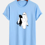 Regular Fit Ghost Black Cat Print Cotton T-Shirt