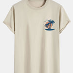 Palm Tree Seagull Print Cotton Arc Hem T-Shirt