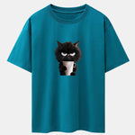 Black Cat Drinking Coffee Print Drop Shoulder Oversize T-Shirt