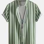 Striped Button Up Stand Collar Shirt & Man Mid Length Drawstring Swim Shorts