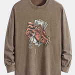 Hand Holding Cash Print Relax Fit Long Sleeve Washed Distressed T-Shirt