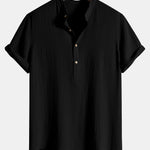 Crinkled Cotton Half Open Placket Henley Collar Shirt