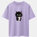 Black Cat Drinking Coffee Print Drop Shoulder Oversize T-Shirt
