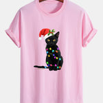 Regular Fit Christmas Lights Cat Print Cotton T-Shirt
