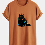 Regular Fit Colorful Light Black Cat Print Cotton T-Shirt