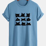Regular Fit Black Cat Staring Print Cotton T-Shirt