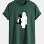 Regular Fit Ghost Black Cat Print Cotton T-Shirt