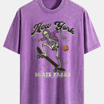 Halloween Skateboard Skeleton Print Washed Distressed Drop Shoulder T-Shirt