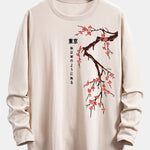 Long Sleeve Cherry Blossoms Print Cotton Arc Hem T-Shirt