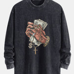 Hand Holding Cash Print Relax Fit Long Sleeve Washed Distressed T-Shirt