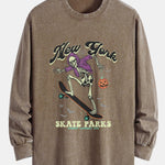 Halloween Skateboard Skeleton Print Relax Fit Long Sleeve Washed Distressed T-Shirt