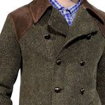 Vintage Herringbone Wool And Suede Patchwork Double-Breasted Casual Coat