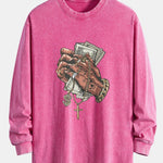 Hand Holding Cash Print Relax Fit Long Sleeve Washed Distressed T-Shirt