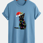 Regular Fit Christmas Lights Cat Print Cotton T-Shirt