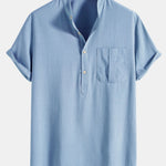 Linen Look Henley Collar Shirt & Linen Cotton Blend 11" Shorts