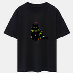 Christmas Lights Black Cat Print Drop Shoulder Oversize T-Shirt