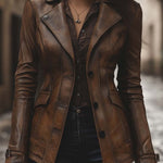 Women's Vintage Lapel Pocket Faux Leather Jacket