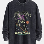Halloween Skateboard Skeleton Print Relax Fit Long Sleeve Washed Distressed T-Shirt
