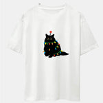 Christmas Lights Black Cat Print Drop Shoulder Oversize T-Shirt
