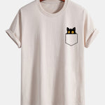 Regular Fit Pocket Black Cat Print Cotton T-Shirt