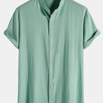 Linen Look Cotton Blend Stand Collar Shirt