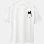 Pocket Black Cat Print Drop Shoulder Oversize T-Shirt