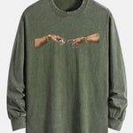 Dollar Hand Print Relax Fit Long Sleeve Washed Distressed T-Shirt