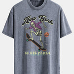 Halloween Skateboard Skeleton Print Washed Distressed Drop Shoulder T-Shirt