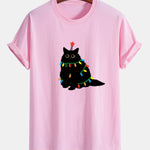 Regular Fit Colorful Light Black Cat Print Cotton T-Shirt