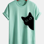 Regular Fit Black Cat Looking Out Print Cotton T-Shirt