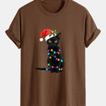 Regular Fit Christmas Lights Cat Print Cotton T-Shirt