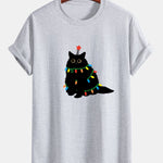 Regular Fit Colorful Light Black Cat Print Cotton T-Shirt