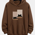 Black Cat Staring Print Relax Fit Hoodie