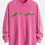 Dollar Hand Print Relax Fit Long Sleeve Washed Distressed T-Shirt