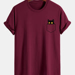 Regular Fit Pocket Black Cat Print Cotton T-Shirt