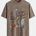 Halloween Skeleton Stay Spooky Print Washed Distressed Drop Shoulder T-Shirt