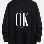 Long Sleeve OK Slogan Print Cotton Arc Hem T-Shirt