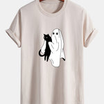 Regular Fit Ghost Black Cat Print Cotton T-Shirt