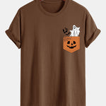 Regular Fit Pocket Pumpkin Ghost Print Cotton T-Shirt