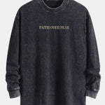 Faith Over Fear Print Relax Fit Washed Distressed T-Shirt & Drawstring Corduroy Cargo Jogger Pants