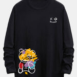 Long Sleeve Graffiti Bear Print Cotton Arc Hem T-Shirt