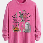 Halloween Skeleton Stay Spooky Print Relax Fit Long Sleeve Washed Distressed T-Shirt