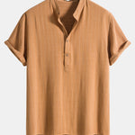 Linen Blend Striped Henley Collar Shirt & Linen Cotton Blend 11" Shorts